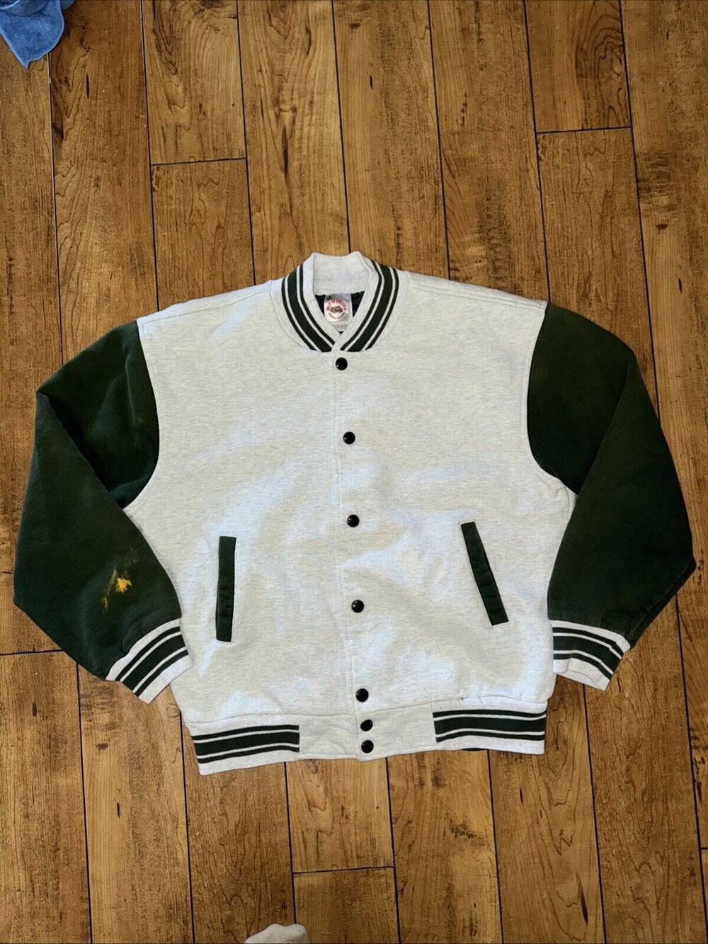 Vintage Fruit Of The Loom Letterman Jacket Cotten Sweater Green 22x23